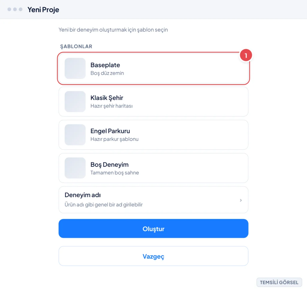 Temsili görsel: Roblox Studio Yeni Proje ekranı; şablon kartlarının listelendiği bir pencere, Baseplate adlı boş şablon kartı seçili (çerçeveli) durumda gösteriliyor, altta deneyim adı giriş alanı ve