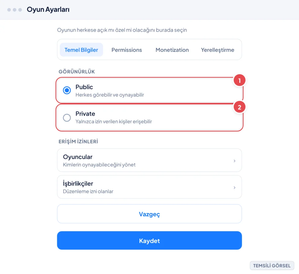 Temsili görsel: Roblox Studio Oyun Ayarları penceresi, Permissions sekmesi açık; üstte sekmeler (Temel Bilgiler, Permissions, Monetization, Yerelleştirme), altında Görünürlük başlığı ile Public ve Pri