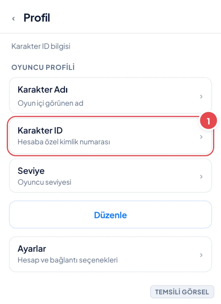 Temsili görsel: PUBG Mobile profil ekranı; üst kısımda karakter adı, karakter ID ve seviye bilgisi yer alıyor, karakter ID alanı çerçeve içine alınmış; işaretli: 1. Karakter ID alanı