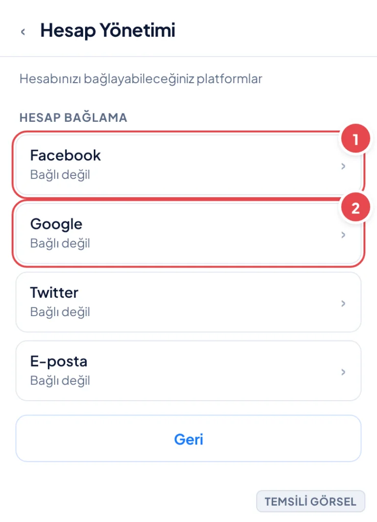 Temsili görsel: Hesap Yönetimi ekranı; Facebook, Google, Twitter ve E-posta bağlama seçeneklerinin listelendiği bir liste görünüyor; işaretli: 1. Facebook satırı, 2. Google satırı