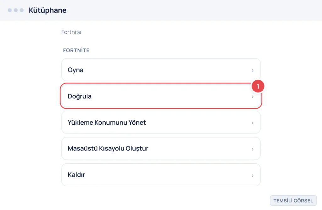 Temsili görsel: Epic Games Launcher Kütüphane ekranında Fortnite üzerindeki üç nokta menüsü açık; işaretli: 1. Doğrula seçeneği