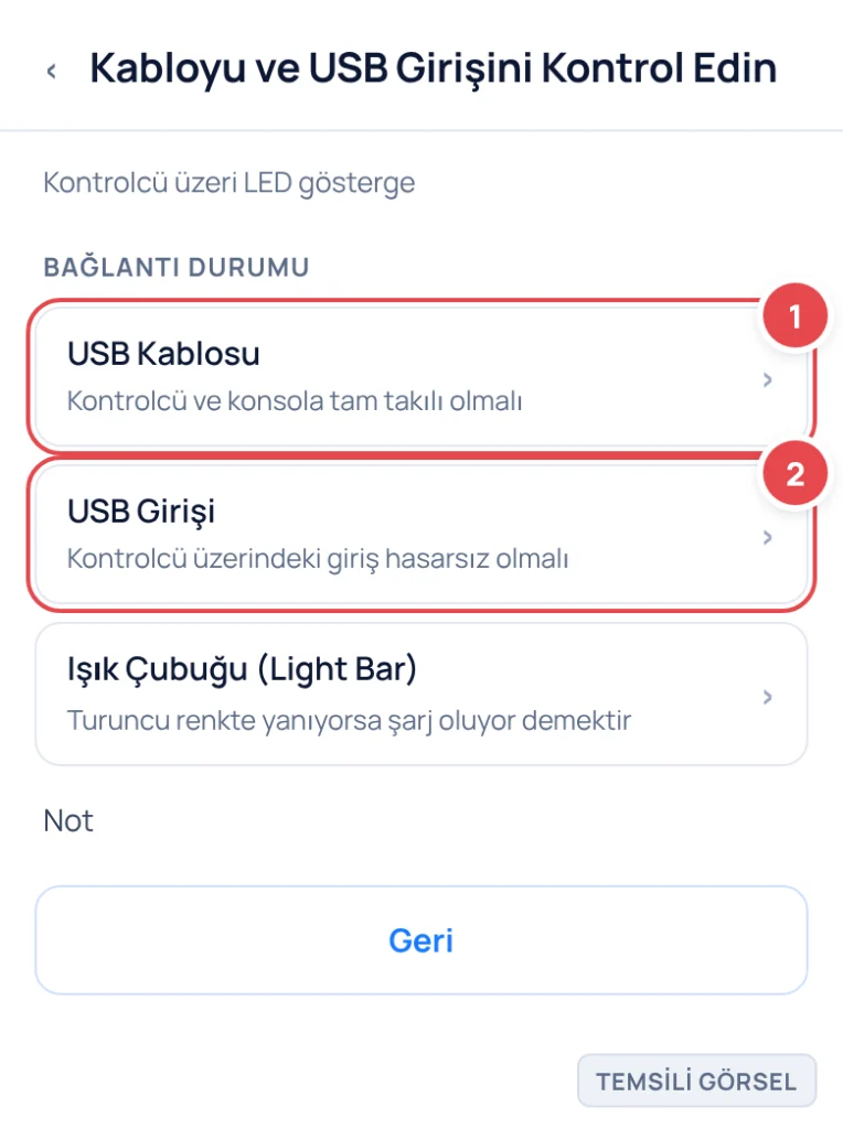 Temsili görsel: PS5 kontrolcüsünün USB kabloyla konsola bağlı olduğu, üstteki ışık çubuğunun turuncu renkte yandığı yakın plan bir fotoğraf ekranı; işaretli: 1. USB Kablosu bağlantı noktası, 2. USB Gi