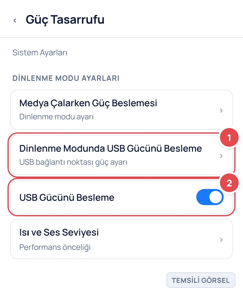 Temsili görsel: PS5 Ayarlar > Sistem > Güç Tasarrufu ekranı; Dinlenme Modunda USB Gücünü Besleme satırı ve yanındaki açma/kapama anahtarı görünüyor, anahtar açık konumda; işaretli: 1. Dinlenme Modunda