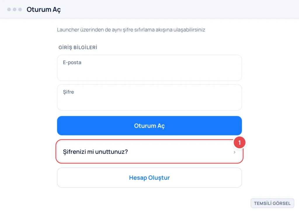 Temsili görsel: Epic Games Launcher oturum açma ekranı; e-posta ve şifre alanları, Oturum Aç düğmesi ve altında Şifrenizi mi unuttunuz? bağlantısı; işaretli: 1. Şifrenizi mi unuttunuz? bağlantısı