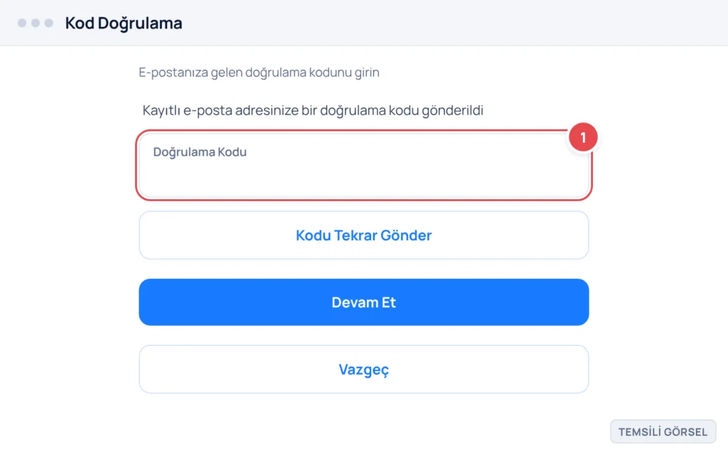 Temsili görsel: Epic Games web sitesinde kod doğrulama ekranı; üstte bilgilendirme metni, ortada 6 haneli doğrulama kodu giriş kutusu, altında kodu tekrar gönder ve devam et düğmeleri; işaretli: 1. Do