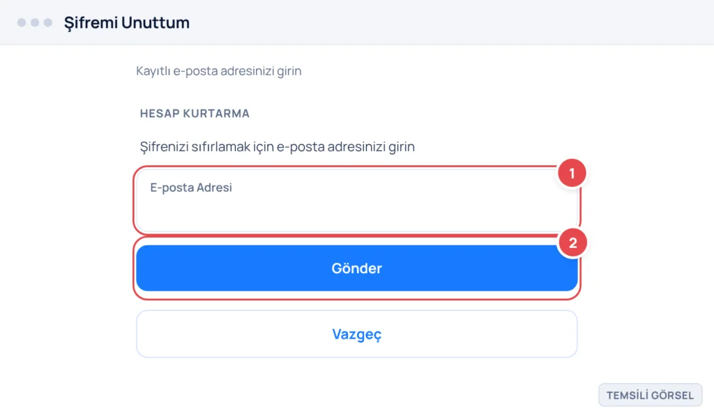 Temsili görsel: Epic Games web sitesi şifremi unuttum ekranı; e-posta adresi giriş alanı ve altında gönder butonu bulunuyor; işaretli: 1. E-posta Adresi giriş alanı, 2. Gönder butonu