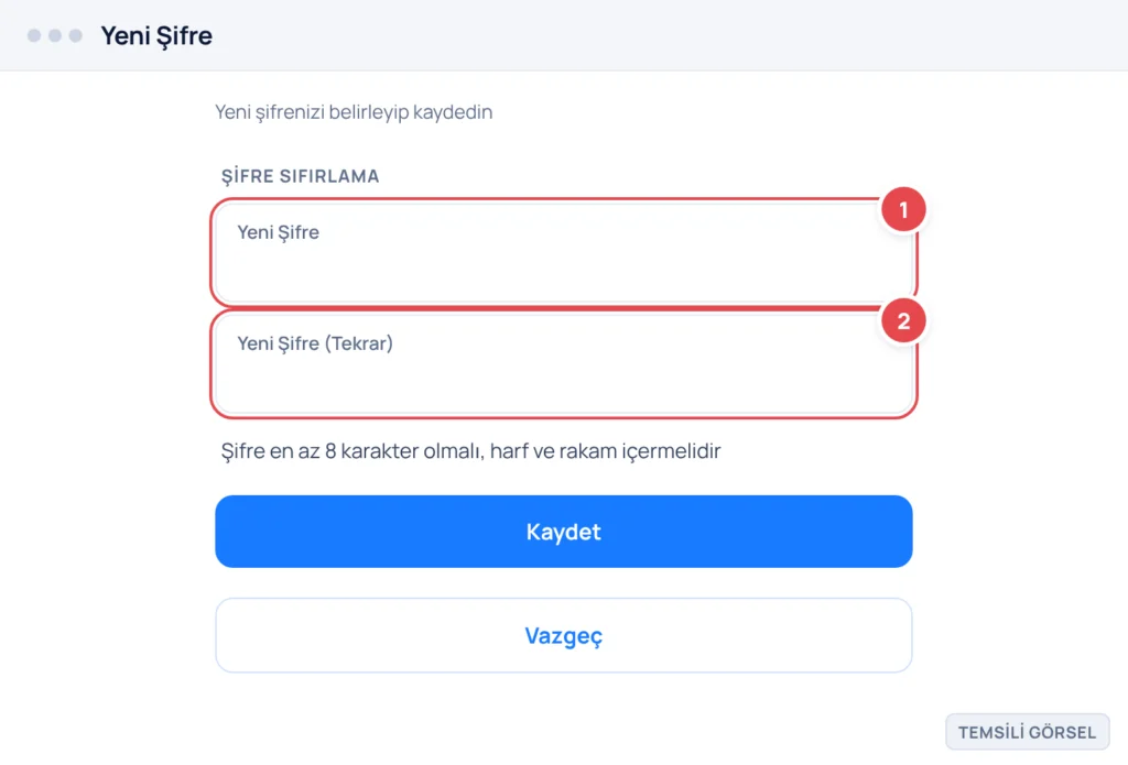 Temsili görsel: Epic Games web sitesinde yeni şifre belirleme ekranı; başlık 'Yeni Şifre', altında 'Yeni Şifre' ve 'Yeni Şifre (Tekrar)' giriş alanları, şifre kuralını belirten bilgi metni, 'Kaydet' a