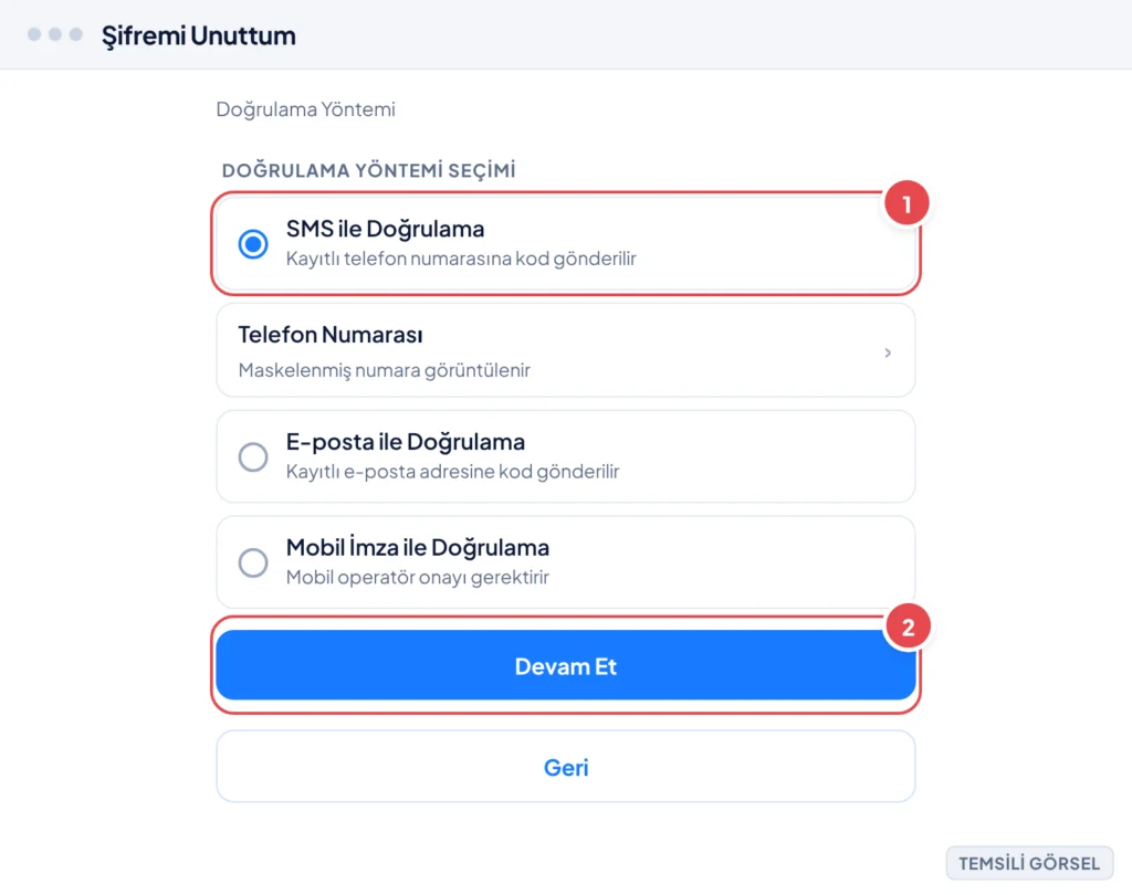 Temsili görsel: e-Devlet Kapısı Şifremi Unuttum ekranının Doğrulama Yöntemi bölümü; SMS ile Doğrulama, E-posta ile Doğrulama ve Mobil İmza ile Doğrulama seçenekleri, maskelenmiş telefon numarası satır