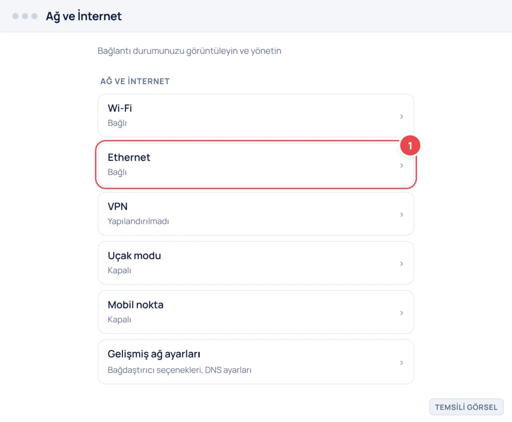 Temsili görsel: Ayarlar uygulamasında Ağ ve İnternet ekranı; Wi-Fi, Ethernet, VPN, Uçak modu, Mobil nokta ve Gelişmiş ağ ayarları satırları listelenmiş; işaretli: 1. Ethernet satırı, yanında 'Bağlı' d