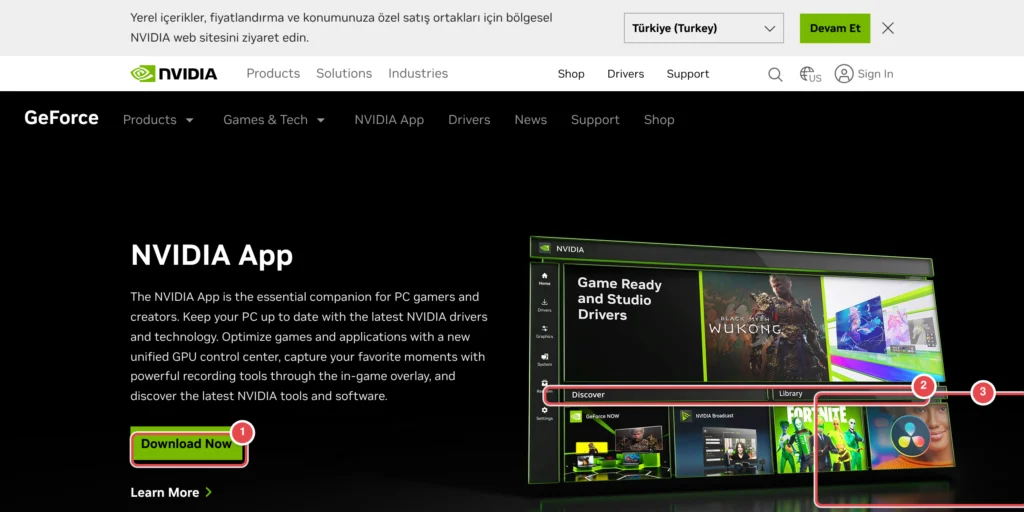 Görselde NVIDIA App tanıtım sayfası var; GeForce başlığı altında uygulamanın açıklaması ve Download Now butonu, sağda uygulama arayüzü önizlemesi (Game Ready sürücüler, Discover, Library) gösteriliyor