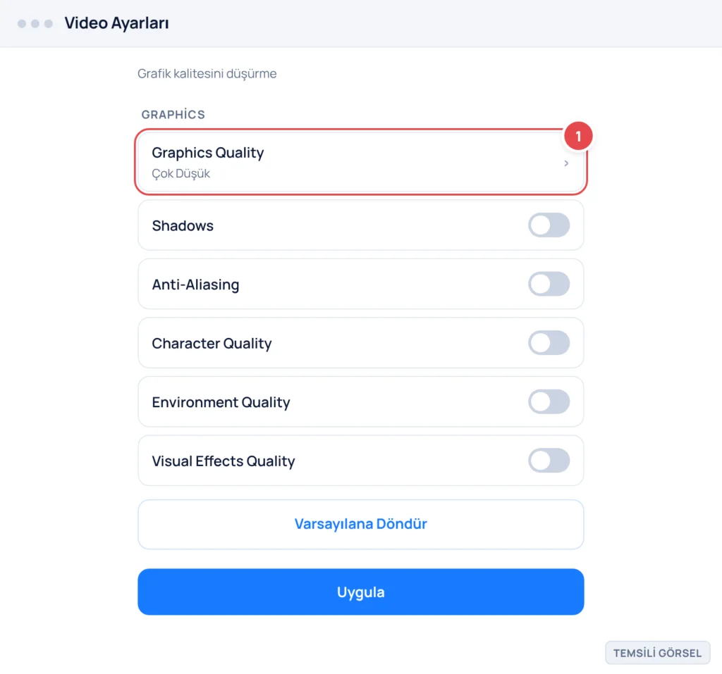 Temsili görsel: League of Legends Video ayarları ekranı; Graphics Quality açılır menüsü ve altında Çok Düşük seçeneği işaretli, diğer grafik ayarları (Shadows, Anti-Aliasing, Character Quality, Enviro