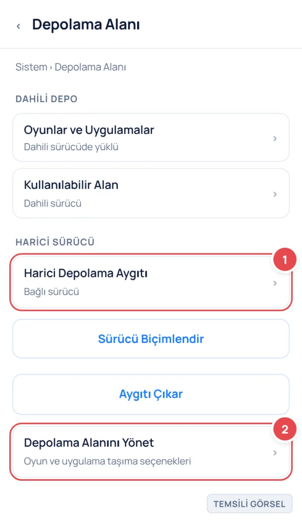 Temsili görsel: Depolama Alanı ekranı; dahili depo ve bağlı harici sürücü listelenir. İşaretli: 1. Harici Depolama Aygıtı satırı, 2. Depolama Alanını Yönet satırı