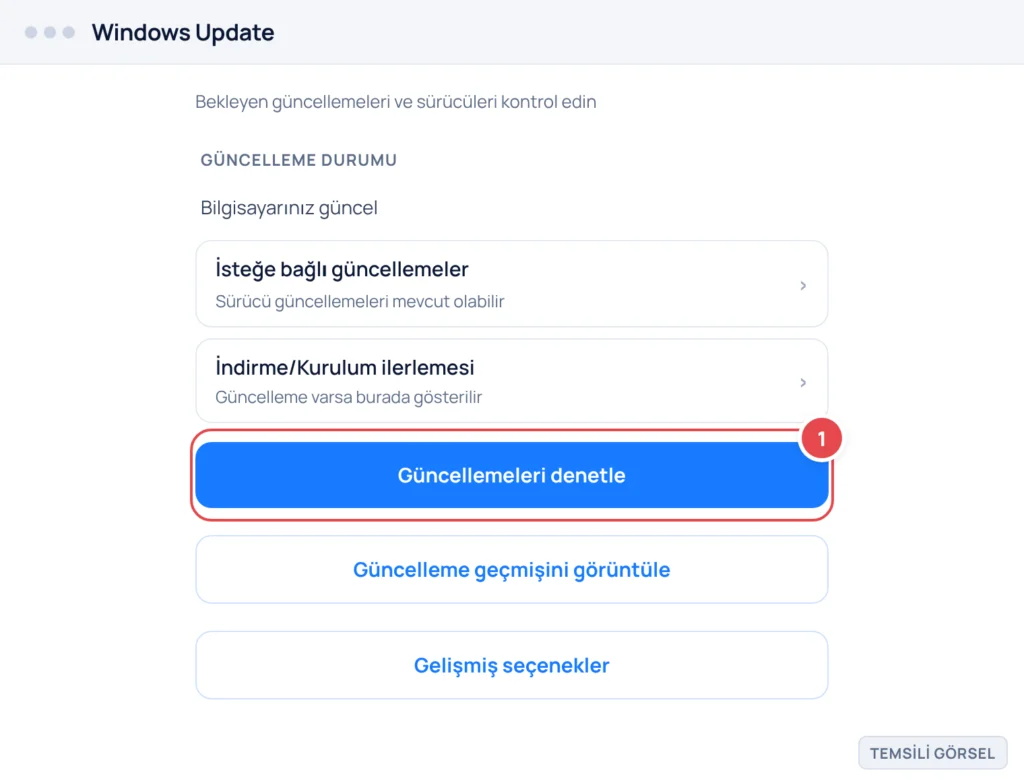 Temsili görsel: Windows Update ayarlar ekranı; güncelleme durumu metni, isteğe bağlı güncellemeler satırı, ilerleme çubuğu alanı ve alt kısımda düğmeler görünüyor; işaretli: 1. Güncellemeleri denetle