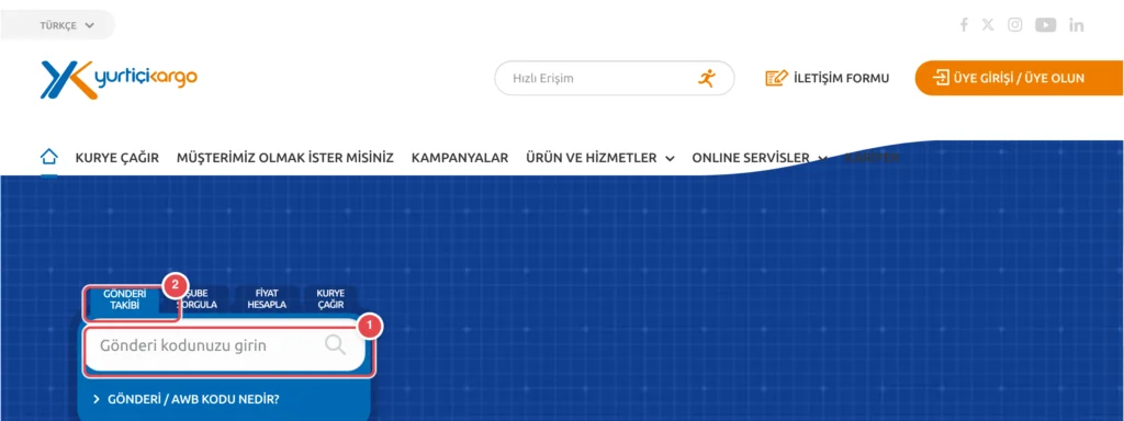 Kargo firmasının ana sayfasında mavi arka planlı bir alanda 'Gönderi Takibi', 'Şube Sorgula', 'Fiyat Hesapla', 'Kurye Çağır' sekmeleri ve altında 'Gönderi kodunuzu girin' yazılı arama kutusu bulunuyor