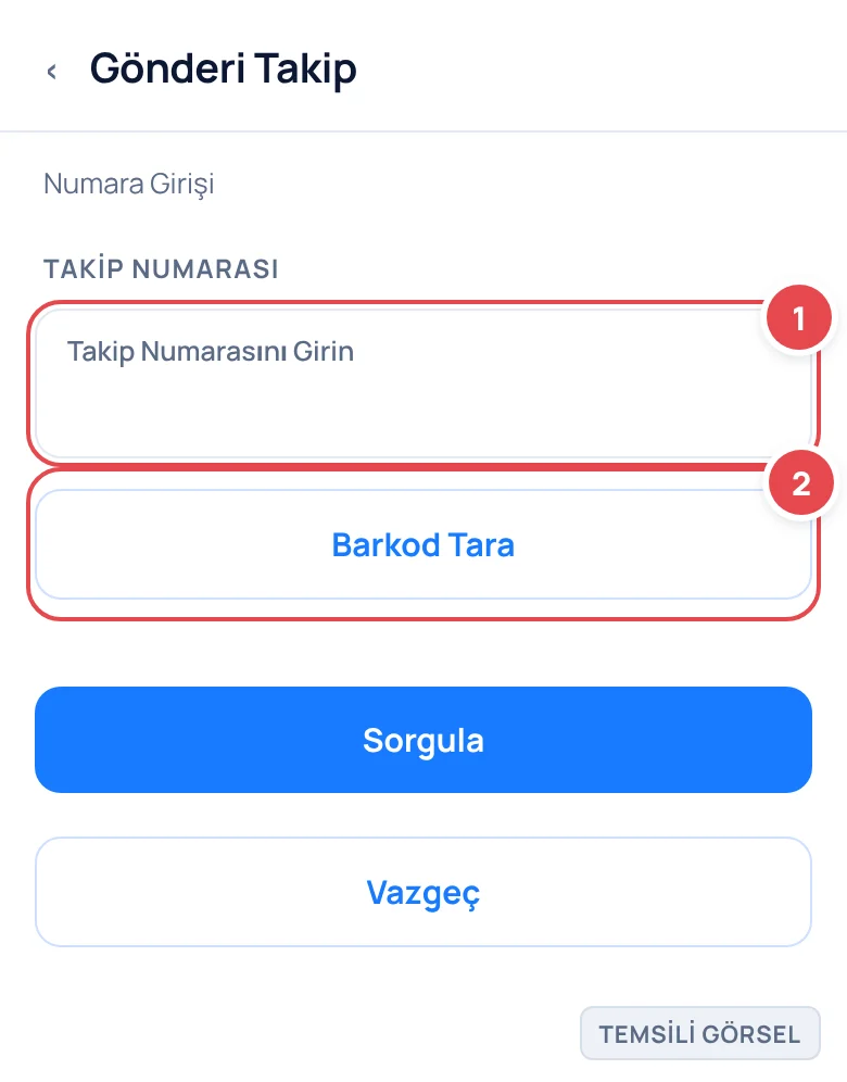 Temsili görsel: Gönderi takip uygulamasında numara girişi ekranı; üstte 'Takip Numarası' başlığı, ortada numara girme kutusu ve yanında barkod tarama ikonu, altında 'Sorgula' ve 'Vazgeç' düğmeleri bul