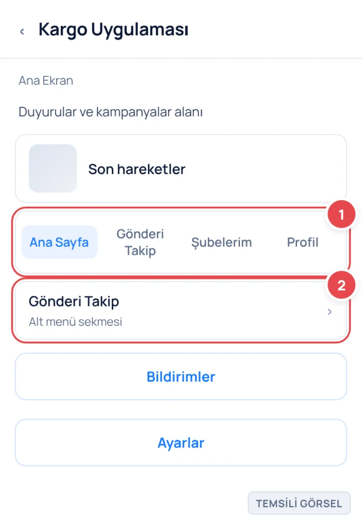 Temsili görsel: Kargo uygulaması ana ekranı; alt kısımda sekmeli menü ve bu menüde yer alan Gönderi Takip sekmesi görünüyor; işaretli: 1. Alt menüdeki Gönderi Takip sekmesi