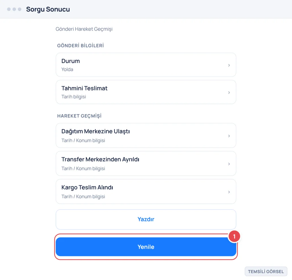 Temsili görsel: Kargo firması web sitesi sorgu sonucu ekranı; üstte gönderi durumu ve tahmini teslimat bilgisi, altında tarih ve konum bilgileriyle listelenmiş hareket geçmişi satırları, alt kısımda Y