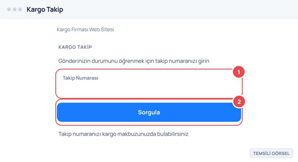 Temsili görsel: Kargo takip web sitesi ekranı; takip numarası girilen bir metin alanı ve yanında 'Sorgula' düğmesi bulunur. İşaretli: 1. Takip Numarası giriş alanı, 2. Sorgula düğmesi