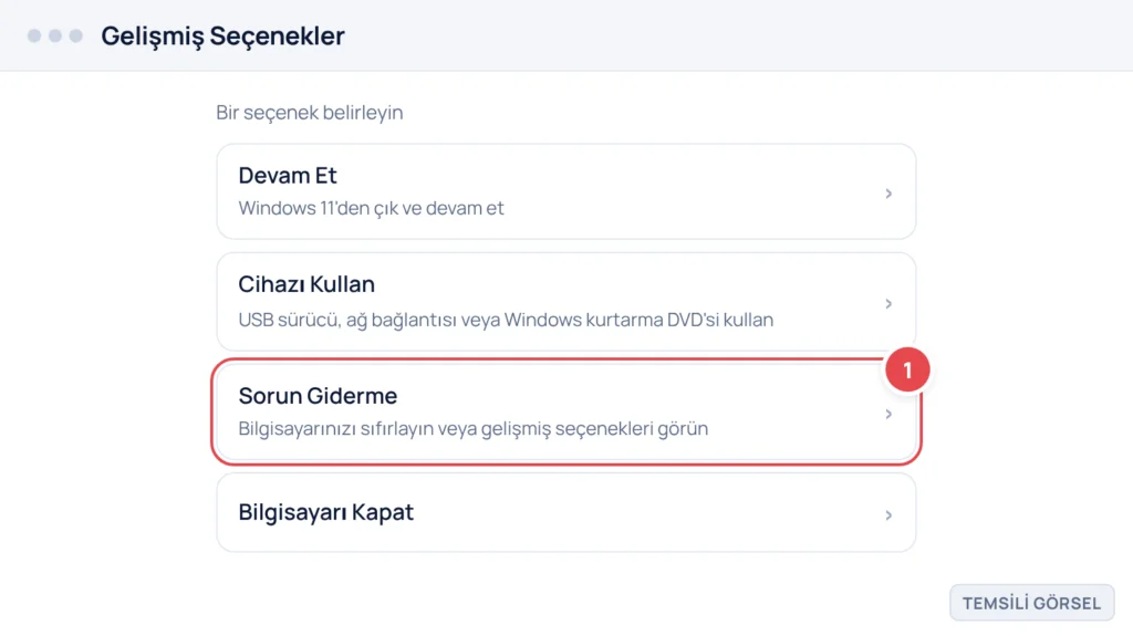 Temsili görsel: Mavi arka planlı Windows Kurtarma Ortamı gelişmiş seçenekler ekranı; Devam Et, Cihazı Kullan, Sorun Giderme ve Bilgisayarı Kapat seçeneklerinin listelendiği menü; işaretli: 1. Sorun Gi