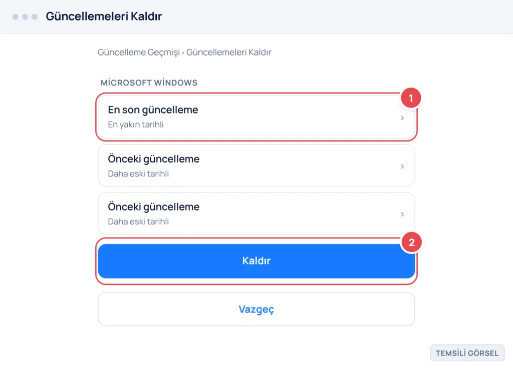 Temsili görsel: Denetim Masası tarzı 'Güncellemeleri Kaldır' penceresi; listede en üstte en yeni güncelleme satırı seçili (vurgulu) görünüyor, altında daha eski güncelleme satırları sırayla uzanıyor,