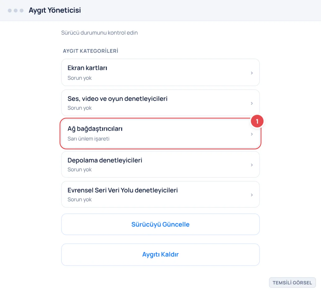 Temsili görsel: Aygıt Yöneticisi ekranı; aygıt kategorileri liste halinde gösteriliyor; işaretli: 1. Ağ bağdaştırıcıları satırı (yanında sarı ünlem işareti ile)