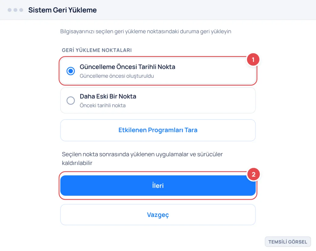 Temsili görsel: Windows 11 Sistem Geri Yükleme ekranı; geri yükleme noktaları listesi, güncelleme öncesi tarihli nokta seçili ve İleri düğmesi işaretli; işaretli: 1. Güncelleme Öncesi Tarihli Nokta, 2
