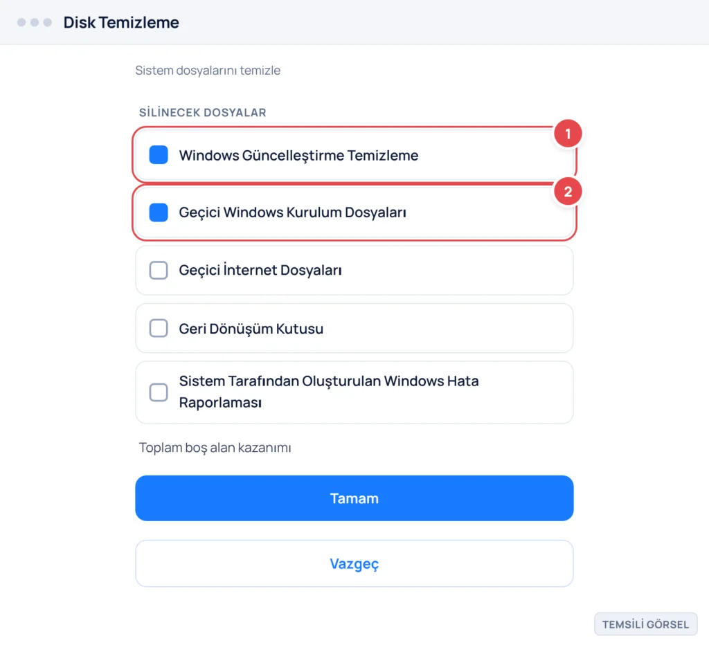 Temsili görsel: Disk Temizleme penceresinde silinecek dosya kategorilerinin listesi görünüyor; işaretli: 1. Windows Güncelleştirme Temizleme ve Geçici Windows Kurulum Dosyaları onay kutuları