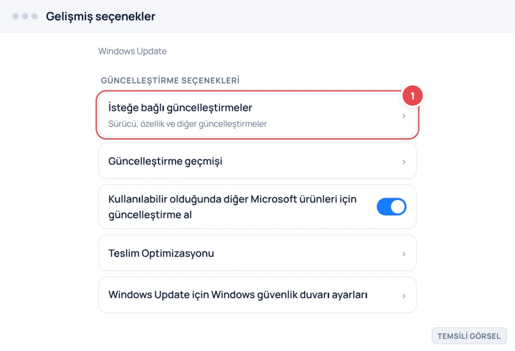 Temsili görsel: Windows 11 Ayarlar uygulamasında Windows Update altındaki Gelişmiş seçenekler ekranı; listede İsteğe bağlı güncelleştirmeler, Güncelleştirme geçmişi gibi satırlar bulunur; işaretli: 1.
