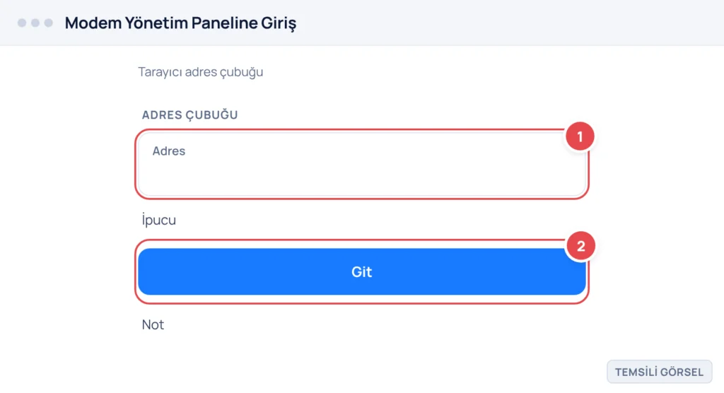 Temsili görsel: Tarayıcı adres çubuğuna modemin IP adresinin yazıldığı, henüz giriş ekranına geçilmemiş ekran; işaretli: 1. Adres çubuğu alanı, 2. Git düğmesi