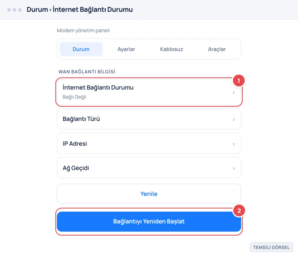Temsili görsel: Modem yönetim panelinin Durum sayfasında İnternet Bağlantı Durumu alanı ve altında Bağlantıyı Yeniden Başlat düğmesi görünüyor; işaretli: 1. İnternet Bağlantı Durumu satırı, 2. Bağlant
