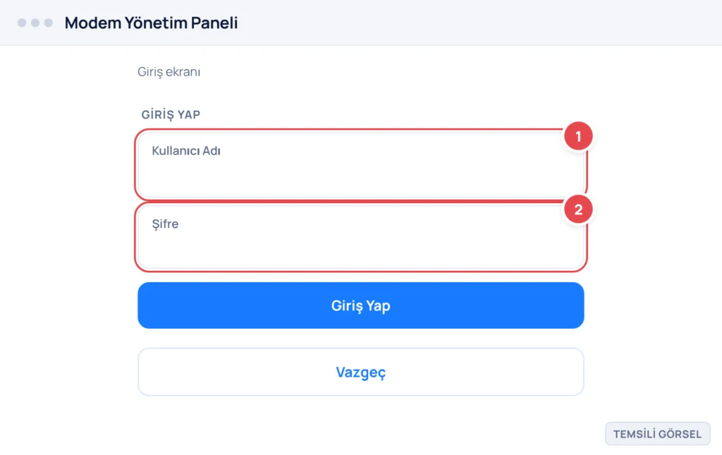 Temsili görsel: Modem yönetim paneli giriş ekranı; Kullanıcı Adı ve Şifre alanları boş, altında Giriş Yap ve Vazgeç düğmeleri bulunuyor; işaretli: 1. Kullanıcı Adı alanı, 2. Şifre alanı