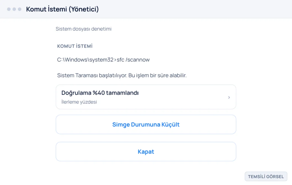 Temsili görsel: Windows 11'de yönetici olarak açılmış Komut İstemi penceresi ekranı; pencerede sfc /scannow komutu çalışıyor ve tarama ilerleme yüzdesi gösteriliyor. İşaretli: 1. İlerleme yüzdesi satı