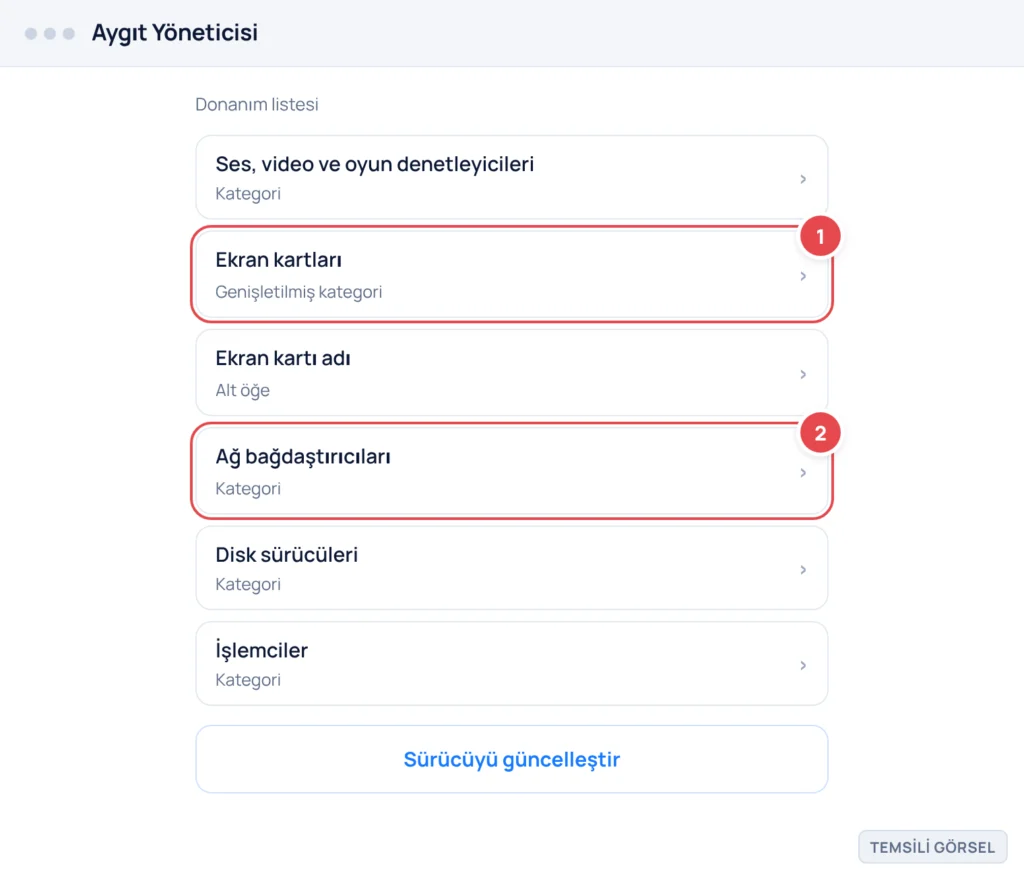 Temsili görsel: Aygıt Yöneticisi ekranı; donanım kategorileri liste halinde görünüyor, Ekran kartları kategorisi genişletilmiş ve altında bir ekran kartı adı listelenmiş; işaretli: 1. Ekran kartları k