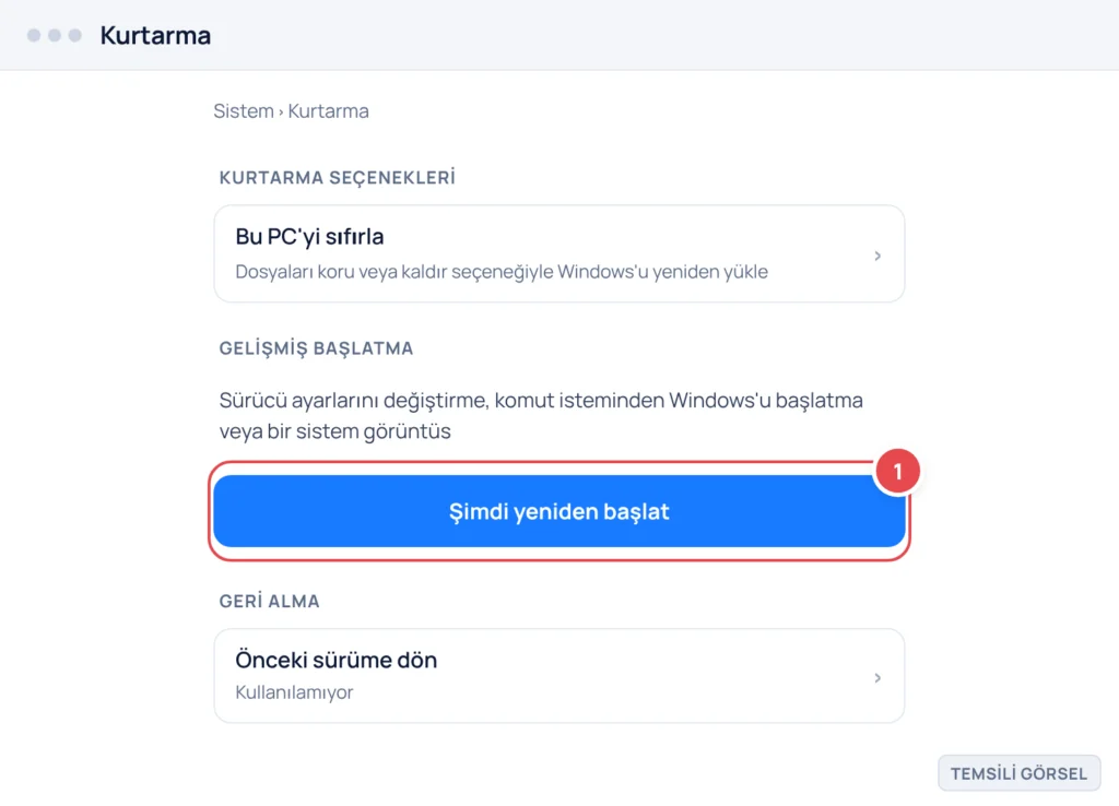 Temsili görsel: Windows 11 Ayarlar uygulamasında Sistem bölümü altındaki Kurtarma sayfası ekranı; üstte Kurtarma seçenekleri başlığı, altında Gelişmiş başlatma bölüm başlığı ve açıklama metni, bunun a