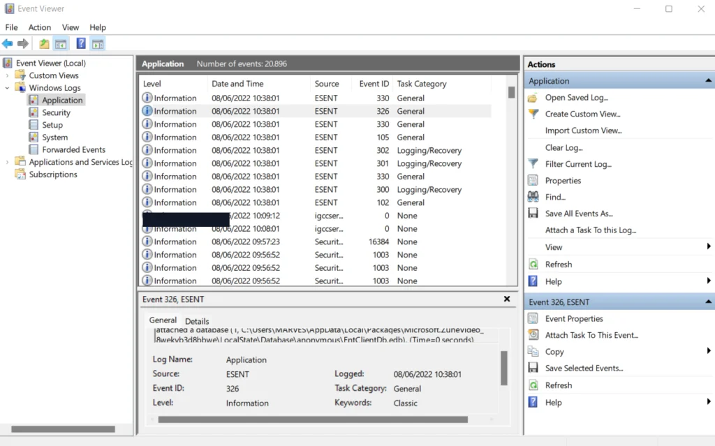 Windows 11 Olay Görüntüleyicisi ana penceresi, sol tarafta Windows Günlükleri ağacı ve Application günlüğü olay listesi görünüyor