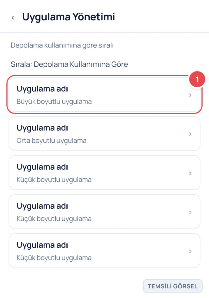 Temsili görsel: Ayarlar içinde Uygulama Yönetimi ekranı; depolama kullanımına göre sıralanmış uygulama listesi görünüyor; işaretli: 1. En üstte listelenen, en çok yer kaplayan uygulama satırı