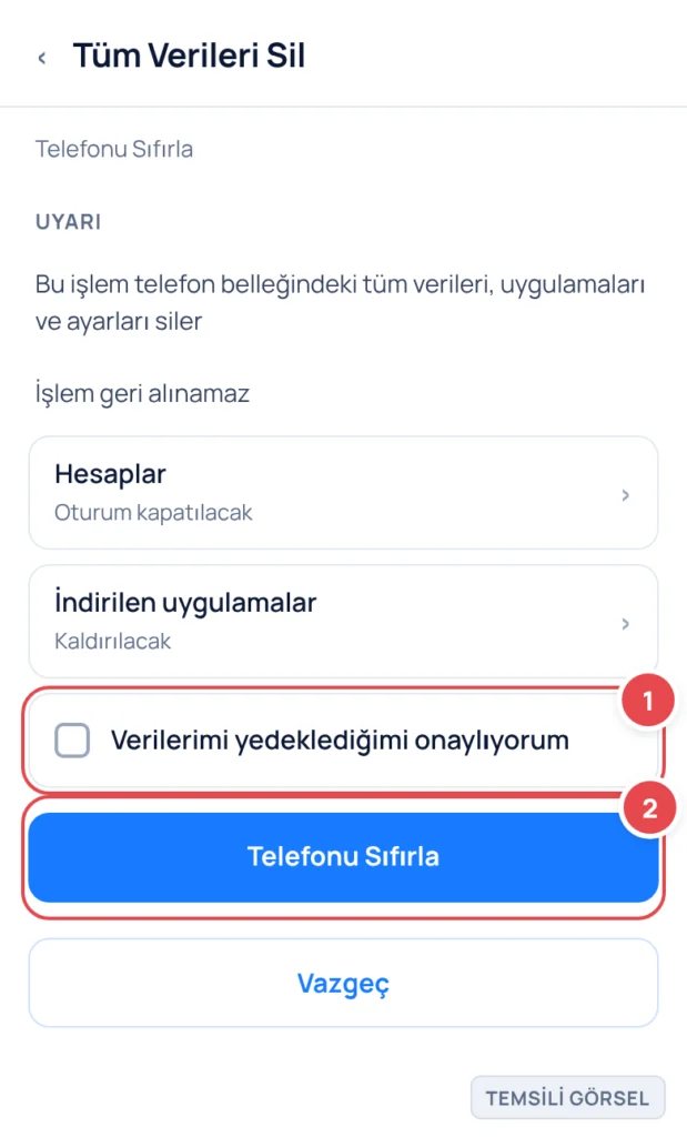 Temsili görsel: Tüm Verileri Sil onay ekranı; veri kaybı uyarı metinleri ve hesap/uygulama bilgisi satırları görünür, altta onay kutusu ve sıfırlama düğmesi bulunur. İşaretli: 1. Verilerimi yedeklediğ