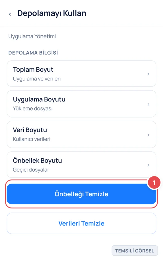 Temsili görsel: Depolamayı Kullan ekranı; uygulama boyutu, veri boyutu ve önbellek boyutu satırları ile altta Önbelleği Temizle ve Verileri Temizle butonları gösteriliyor; işaretli: 1. Önbelleği Temiz