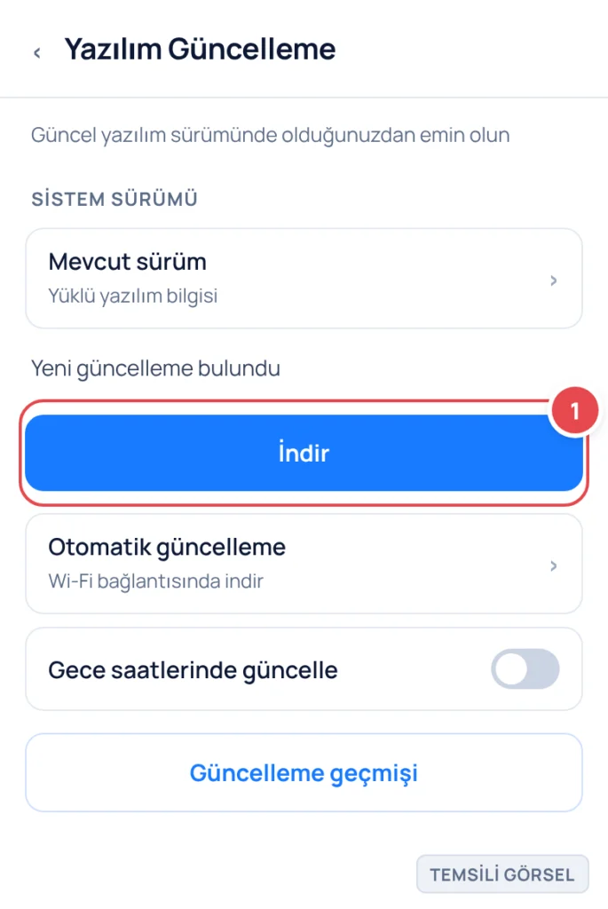 Temsili görsel: Yazılım Güncelleme ekranı; mevcut sürüm bilgisi, yeni güncelleme bildirimi ve İndir butonu görünüyor; işaretli: 1. İndir butonu