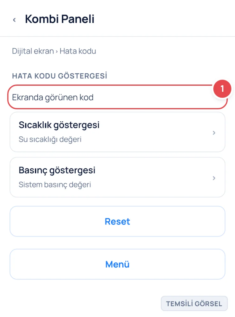 Temsili görsel: Kombi paneli dijital ekranı; ekranın üst kısmında harf-rakam kombinasyonundan oluşan bir hata kodu (ör. E05, F28 gibi) büyük ve net şekilde gösteriliyor, altında sıcaklık ve basınç gös