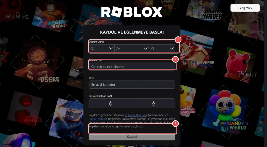 Türkçe: roblox.com ana sayfasında kayıt formu görünüyor; doğum günü, kullanıcı adı, şifre, cinsiyet seçimi ve Kaydol düğmesi mevcut. İşaretli: 1. Doğum günü seçim alanları 2. Kullanıcı adı giriş kutus