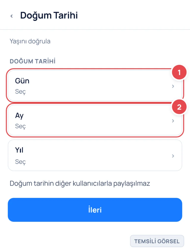 Temsili görsel: Roblox uygulamasında doğum tarihi seçim ekranı; gün, ay ve yıl için ayrı seçiciler ve altında bilgilendirme metni ile İleri düğmesi görünüyor; işaretli: 1. Gün seçici, 2. Ay seçici, 3.