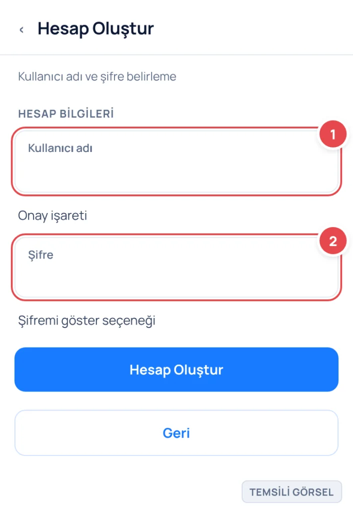 Temsili görsel: Roblox uygulamasında hesap oluşturma ekranı; kullanıcı adı kutusu yanında yeşil onay işareti ve altında şifre giriş alanı görünüyor; işaretli: 1. Kullanıcı adı kutusu, 2. Şifre alanı