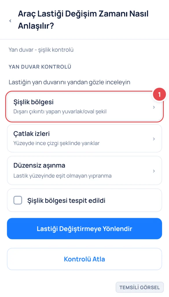Temsili görsel: Araç lastiğinin yan duvarının yandan görünümü; lastik yüzeyinde dışarı doğru çıkıntı yapan yuvarlak bir şişlik bölgesi belirgin şekilde gösteriliyor, bu bölge tel örgü hasarına işaret