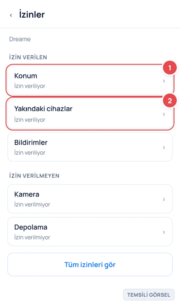 Temsili görsel: Android izin ayarları ekranı; Dreame uygulaması için izin listesi gösteriliyor; işaretli: 1. Konum satırı (izin veriliyor), 2. Yakındaki cihazlar satırı (izin veriliyor)