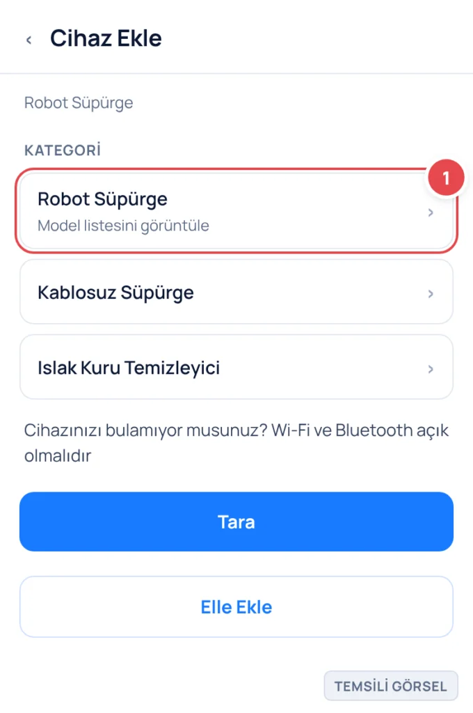 Temsili görsel: Dreame uygulaması Cihaz Ekle ekranı; kategori listesinde Robot Süpürge, Kablosuz Süpürge, Islak Kuru Temizleyici seçenekleri, alt kısımda Tara ve Elle Ekle düğmeleri görünüyor; işaretl