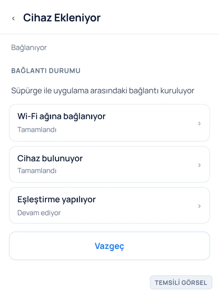 Temsili görsel: Dreame uygulamasında cihaz bağlanıyor ekranı; ilerleme yüzdesi ve bağlantı adımları listesi görünüyor; işaretli öğe yok, ekran otomatik ilerliyor