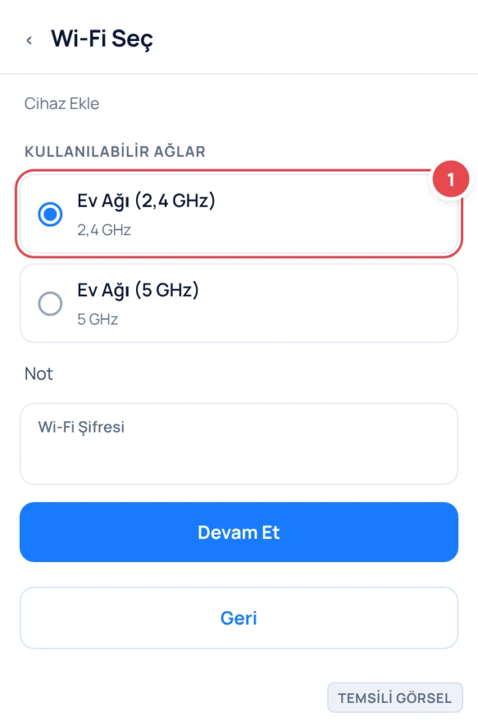 Temsili görsel: Wi-Fi ağ seçim ekranı; işaretli: 1. Ev Ağı (2,4 GHz) radyo düğmesi seçili görünür