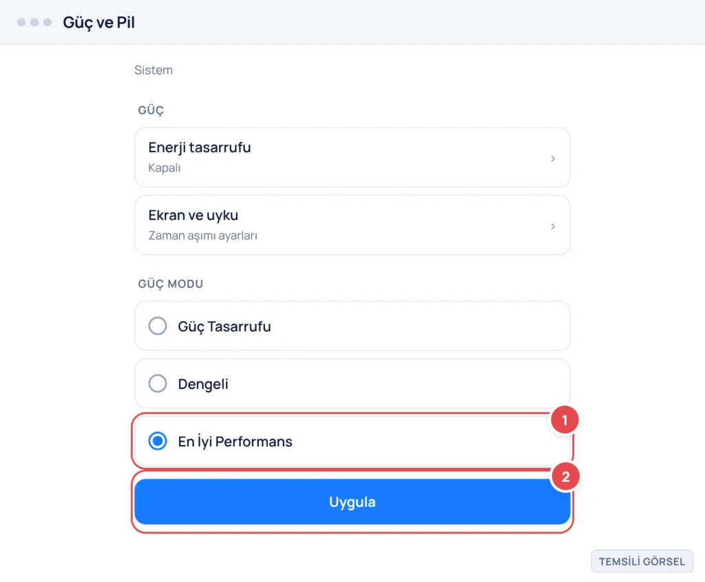 Temsili görsel: Windows 11 Ayarlar > Sistem > Güç ve Pil ekranı; Güç Modu bölümünde üç seçenek (Güç Tasarrufu, Dengeli, En İyi Performans) listelenmiş, En İyi Performans işaretli; işaretli: 1. En İyi
