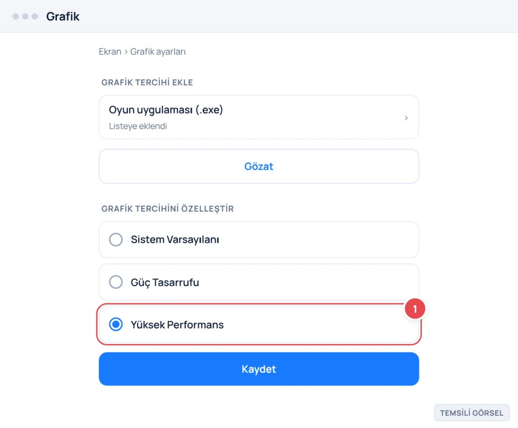 Temsili görsel: Windows 11 Ayarlar > Sistem > Ekran > Grafik ekranı; listeye eklenmiş oyun uygulaması satırı ve altında Sistem Varsayılanı, Güç Tasarrufu, Yüksek Performans seçeneklerinden oluşan rady